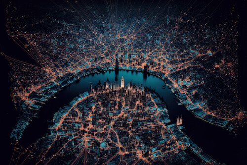 Central London around the Thames from above, illuminated by streetlights.